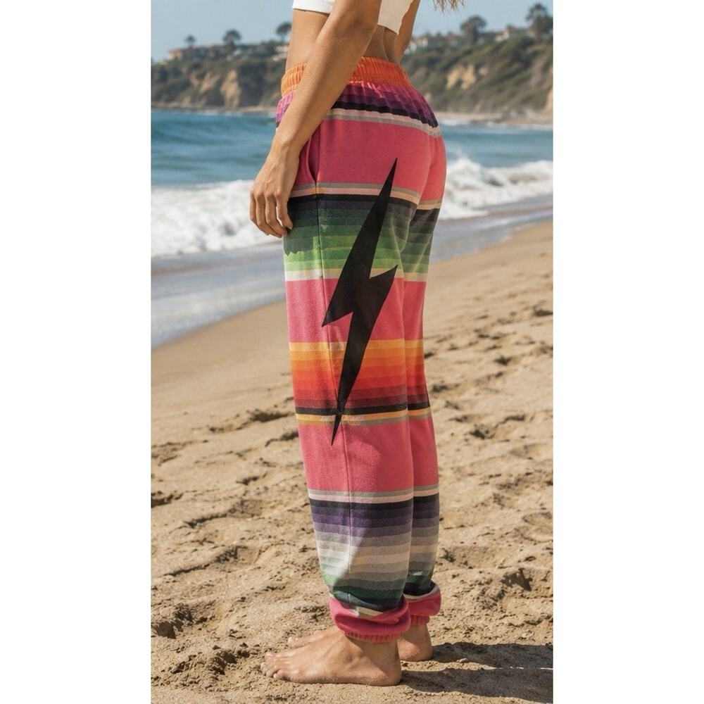 Aviator Nation Pink Serape Stripe Bolt Sweatpants S Women Y2K Rainbow Joggers